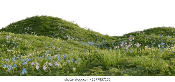 Una colina verde que florece con flores amarillas y azules en primavera. 3D