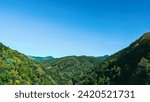 Green hills in Japan, morning, featuring a mountain landscape with trees in autumn colors green yellow orange under a clear blue sky, epitomizing serene natural beauty. SHOTLISTtravel