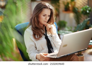 Green Home. pensive stylish housewife with long wavy hair with laptop sitting in a blue armchair at modern home in sunny day.