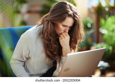 Green Home. stressed stylish housewife with long wavy hair at modern home in sunny day using laptop while sitting in a blue armchair.