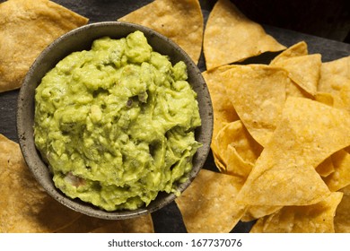 Green Homemade Guacamole with Tortilla Chips and Salsa - Powered by Shutterstock