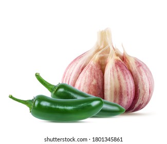Green hot chil peppers and garlic isolated on white background