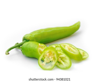 Green Hot Chili Pepper On White