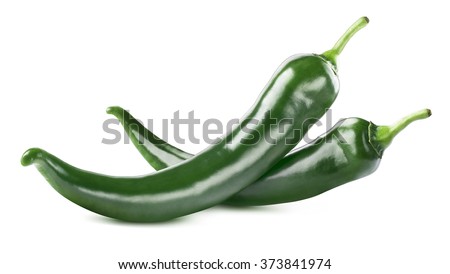 Green hot chili peppers double isolated on white background as package design element
