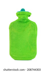 Green Hot Water Bottle With Green Cover On White Background