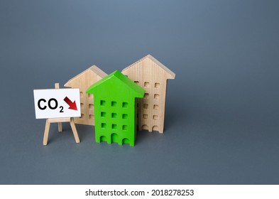 Green House And Easel With Carbon Dioxide Reduction. Environmentally Friendly. Improving Utilities And Energy Efficiency. Reduced Greenhouse Gas Emissions, Low Carbon Footprint. Impact On Environment