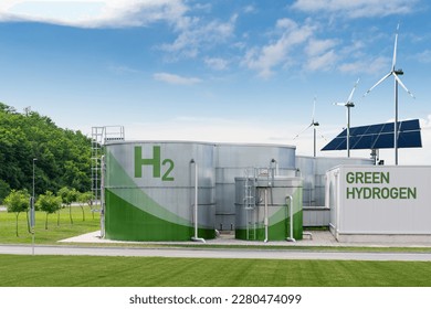 Green Hydrogen factory concept. Hydrogen production from renewable energy sources - Shutterstock ID 2280474099