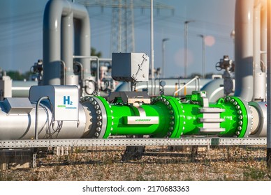 Green Hydrogen renewable energy production pipeline - green hydrogen gas for clean electricity solar and windturbine facility.  - Shutterstock ID 2170683363