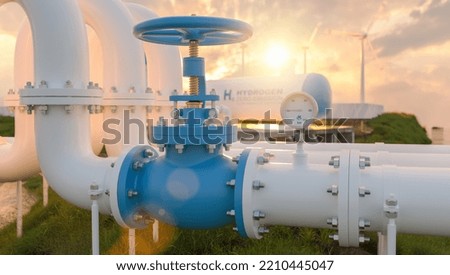 Green Hydrogen renewable energy production pipeline - green hydrogen gas for clean electricity solar and windturbine facility at sunset concept image 