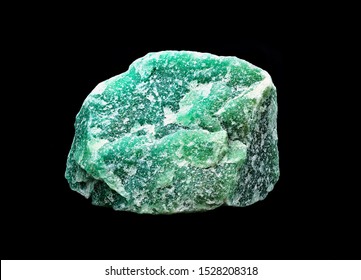 Green Isolated Specimen Of Raw Aventurine Stone Mineral Against Black Limbo Background