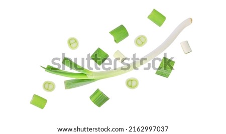 Green japanese onion falling in the air isolated on white background.