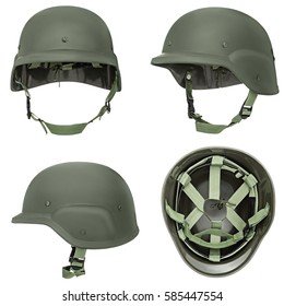 Green, Khaki Military Helmet, Isolated White Background.