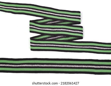 Green Knit Stripes Elastic Ribbon Band, Webbing, Herringbone Tapes, Lustrous Yarn For Clothes, Trousers, Jackets. Stripe And Zigzag. Elastic Sewing Material On A White Background