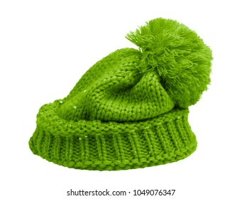 Green Knit Wool Hat With Pom Pom Isolated On White Background