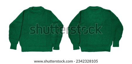 Green knitted sweater isolated on white background. Warm cotton woolen knitted sweater, clothes, jacket. Cut out clothing object for design. Mockup. Trendy emerald color