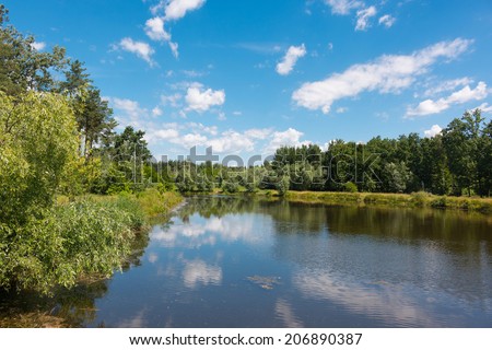 Green lake shore and blue sky reflected in water