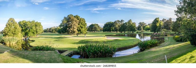 Green landscape unique golf court panoramic view.