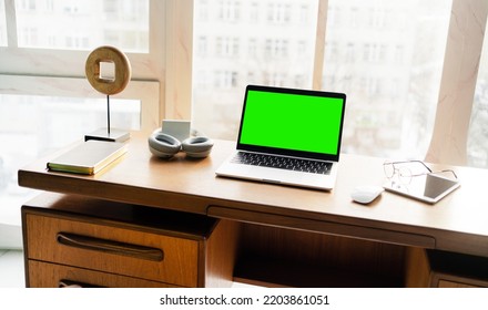 Green Laptop Screen Workplace Stylish Office.