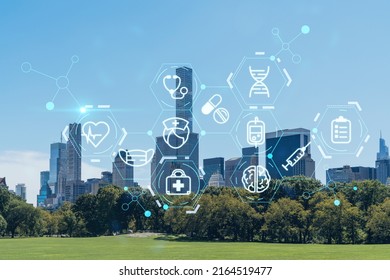 Green lawn at Central Park and Midtown Manhattan skyline skyscrapers at day time, New York City, USA. Health care digital medicine hologram. The concept of treatment and disease prevention - Shutterstock ID 2164519477