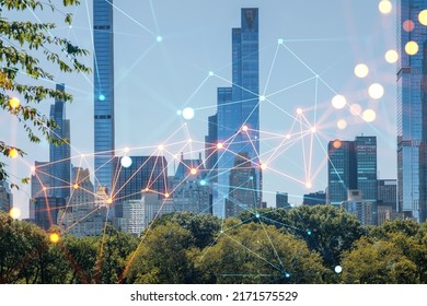 Green Lawn At Central Park And Midtown Manhattan Skyline Skyscrapers At Day Time, New York City, USA. Social Media Hologram. Concept Of Networking And Establishing New People Connections