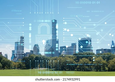 Green lawn at Central Park and Midtown Manhattan skyline skyscrapers at day time, New York City, USA. The concept of cyber security to protect confidential information, padlock hologram