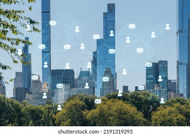 Green Lawn At Central Park And Midtown Manhattan Skyline Skyscrapers At Day Time, New York City, USA. Social Media Hologram. Concept Of Networking And Establishing New People Connections