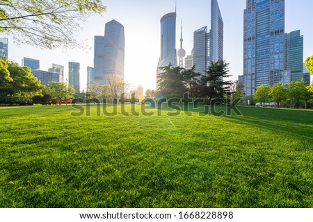 green lawn with city skyline in shanghai china