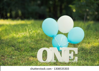 Green lawn in summer park decorated with blue and white decor for first baby boy birthday celebration. Word One and balloons standing on grass. Horizontal color photography.