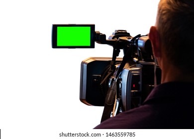 Green LCD Display On High Definition Television Camera. Videographer At Work Removes The Story For The News. Template Template For The Design Of Information About The TV. Isolated On White Background.