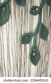 Green Leaf Branch Hand Made Macrame Artistic Wall Hanging Fiber Art Decoration With Leaf Symbol Wood Stick White Background Interior Plant Macramé Nature Deco 