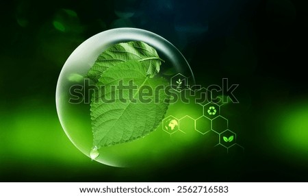 Green leaf in bubbles and have technology icon. Low co2 change, ecology, clean energy and environment. Eco concept
