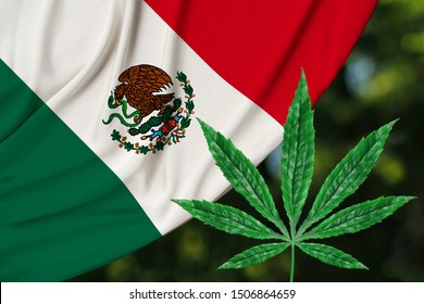 Green Leaf Of Hemp And Beautiful Mexico Silk National Flag, Concept Of Medical Cannabis, Legalization Of Drugs, Drug Trafficking Crimes, Close-up