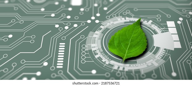 Green Leaf On The Converging Point Of Computer Circuit Board. Nature With Digital Convergence And Technological Convergence. Green Computing, Green Technology, Green IT, Csr, And IT Ethics Concept.