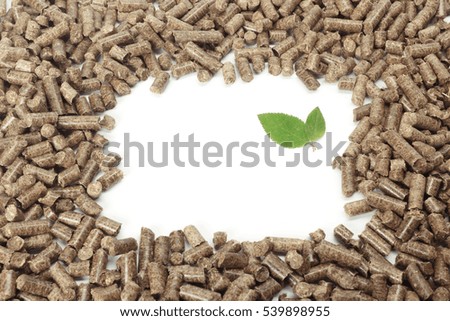 Green leaf on solid wooden pellets background
