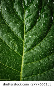 Green leaf surface displaying intricate vein patterns and glistening water drops