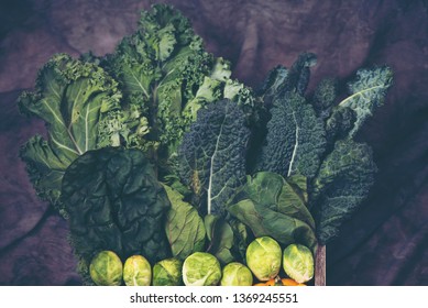 Green Leafy Vegetables On Vintage Background