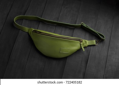 Green Leather Fanny Pack On Black Background