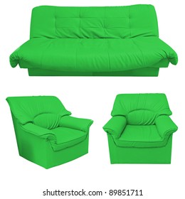 The Green Leather Sofa Set Isolated On White Background