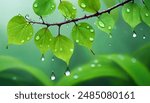 Green leaves branch with drop, Leafs with dew, rainy season, nature background.