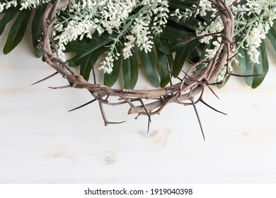 green leaves, white flowers and crown of thorns