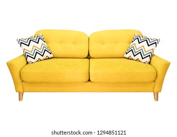 Green Lemon Yellow Sofa With Pillow. Soft Lemon Couch. Modern Divan On Isolated Background