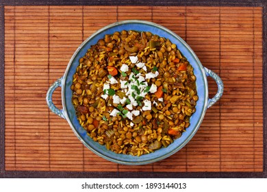 Green Lentil Soup Dish Flat Lay. Lentil Soup With Rice, Carrot And Celery In A Plate.