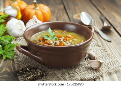 Green Lentil Soup With Pumpkin In The Bowl 