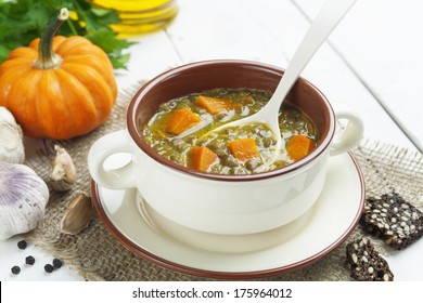 Green Lentil Soup With Pumpkin In The Bowl 