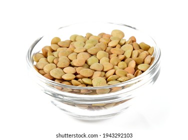 Green Lentils In A Glass Bowl Isolated On White Background