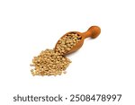 Green lentils in wooden bowl on isolated white background. Top view, copy space. Flat lay.