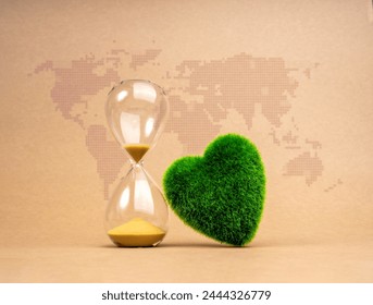 Green life sustainability, environment responsibility concept. Last chance for restoring the earth. Green grass heart shaped and hourglass isolated on digital world map and recycle paper background. - Powered by Shutterstock