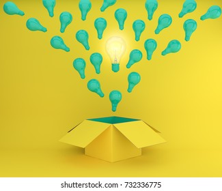 grüne Glühbirnen, die die unterschiedliche kreative Idee glänzen, denken außerhalb der Box auf gelbem Hintergrund , Konzept Idee über Business für Innovation und Inspiration.