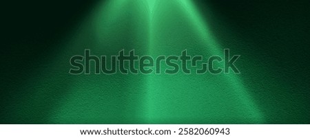 Green light rays on dark green background. Abstract green light background. Banner header design