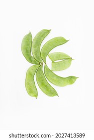 Green  Lima Beans Or Hyacinth Beans Over On White Background, Top View